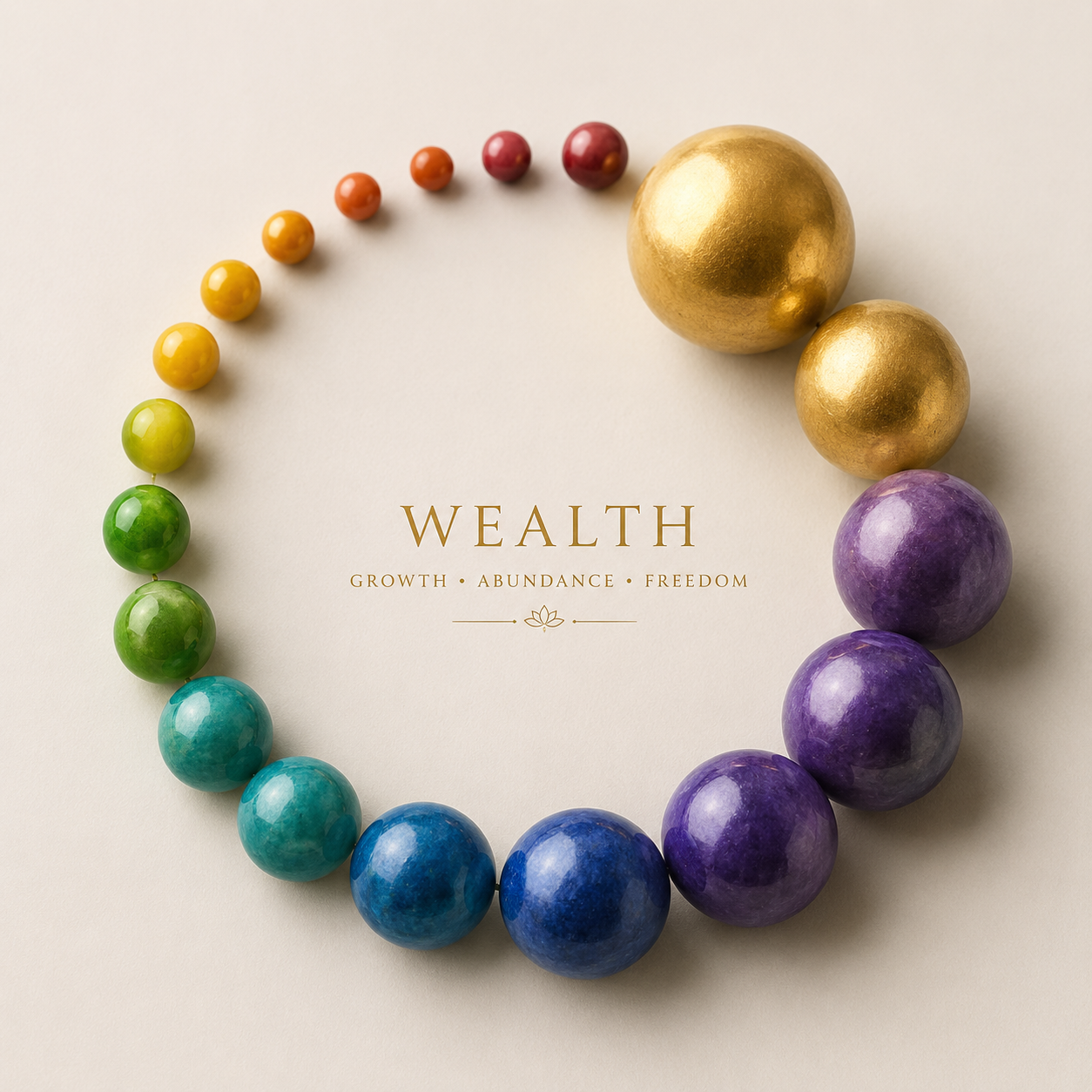 A circle of beads in graduated colour, ending in two gold spheres, around the word WEALTH — growth, abundance, freedom